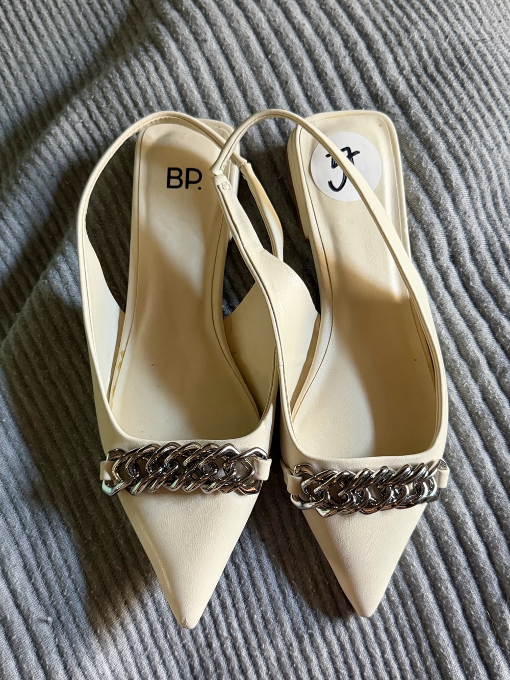 BP. Pointed Toe Slingback Cream & Silver Chain Flats